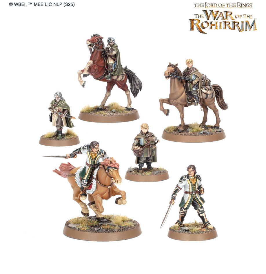 Miniature figures from 'The Lord of the Rings' series, featuring Rohirrim warriors on horseback.