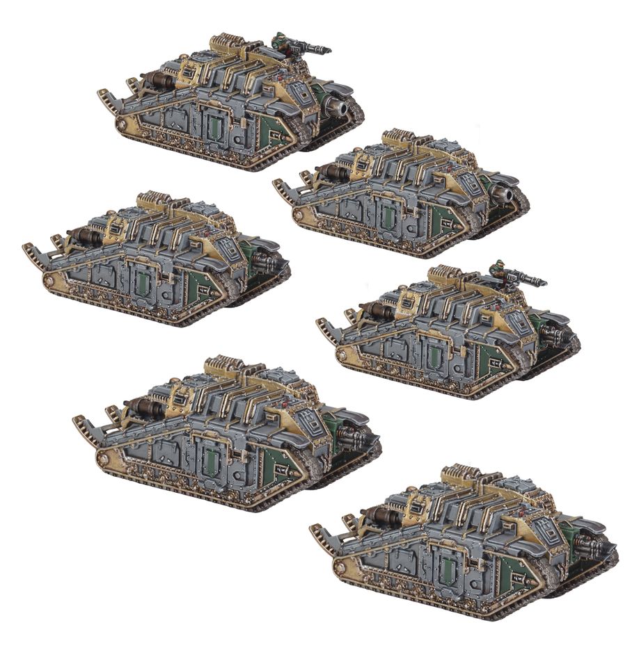 Set of six miniature warhammer tanks on a white background