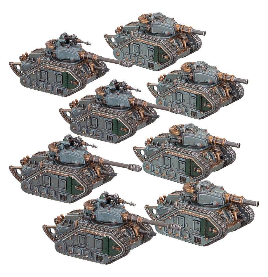 Set of warhammer miniature tanks on a white background