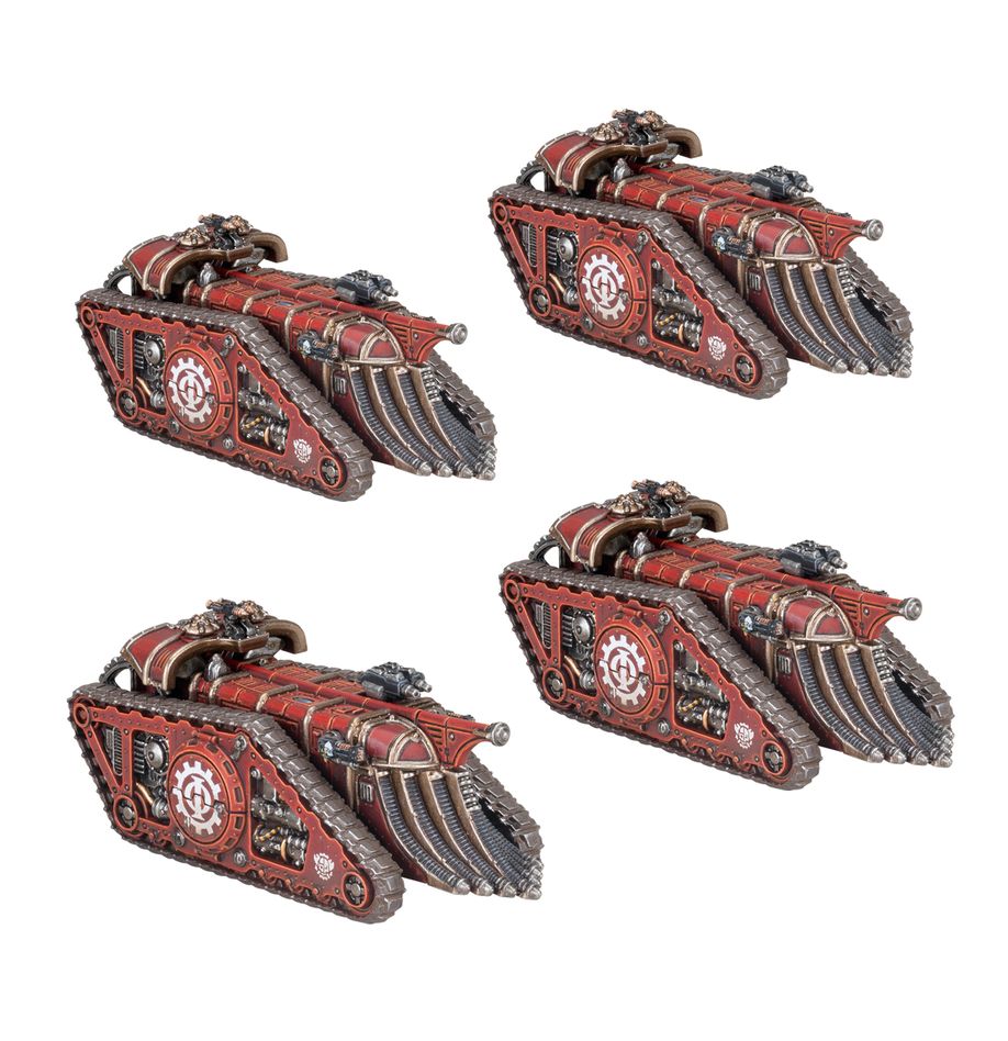Four red and gray model warhammer vehicles on a white background