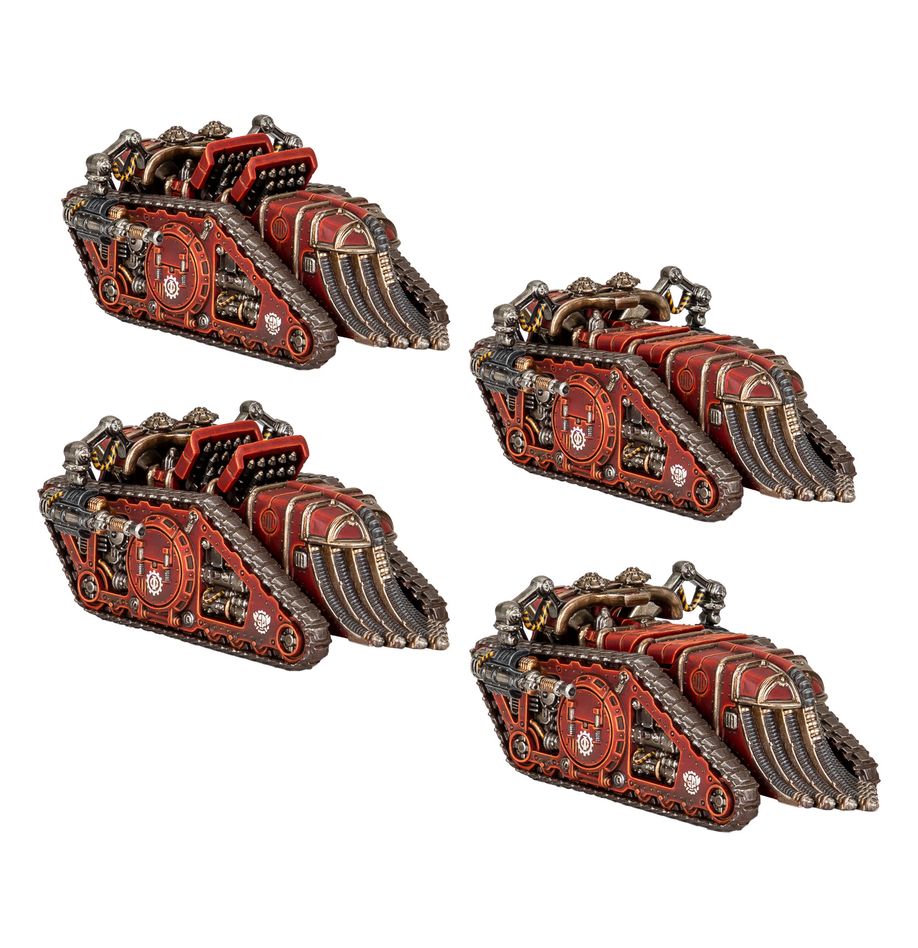 Four detailed warhammer model tanks on a white background
