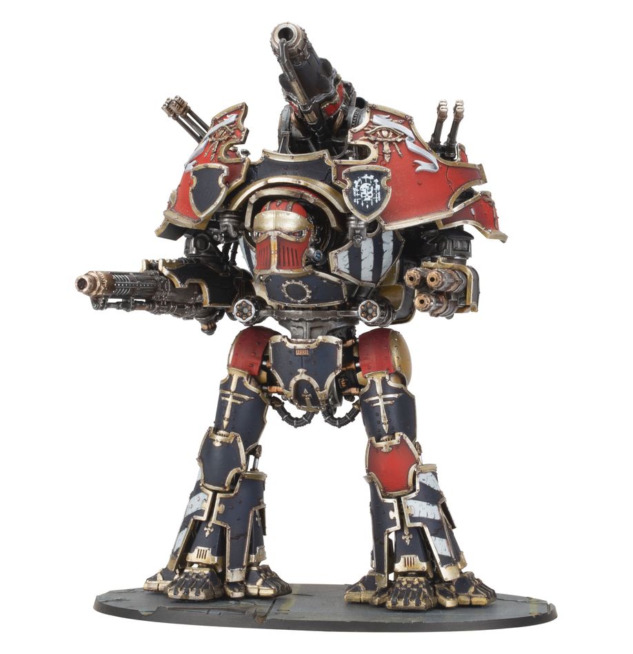 Mechanical warhammer figure with red, blue, and gold colors on a white background