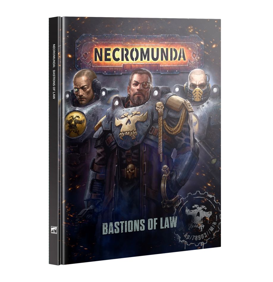 Book titled 'Necromunda: Bastions of Law' featuring characters in futuristic armor on a dark background.