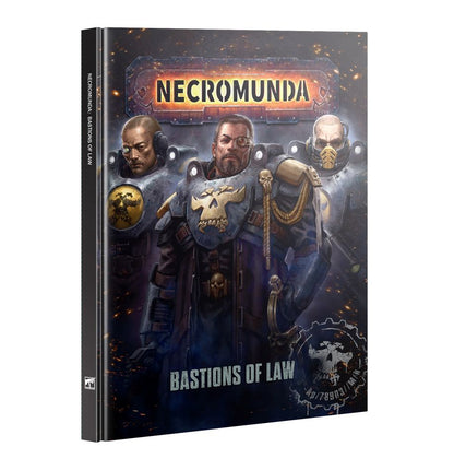 Book titled 'Necromunda: Bastions of Law' featuring characters in futuristic armor on a dark background.