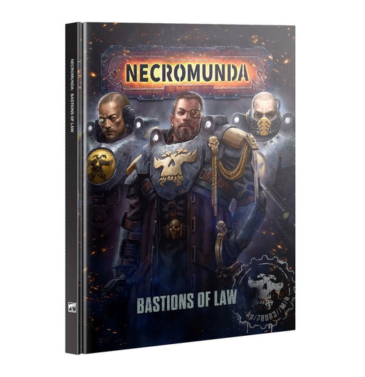 Book titled 'Necromunda: Bastions of Law' featuring characters in futuristic armor on a dark background.