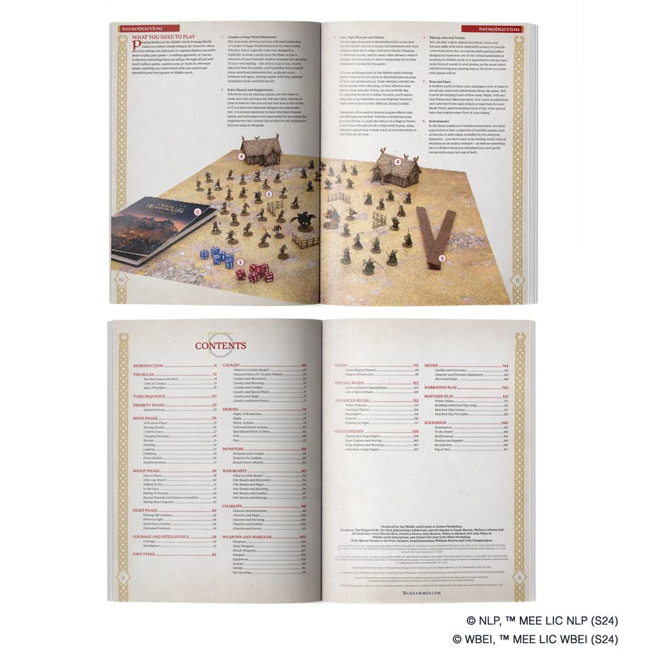 Open book showing a board game setup with pieces and dice, followed by a table of contents.