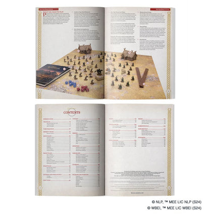 Open book showing a board game setup with pieces and dice, followed by a table of contents.