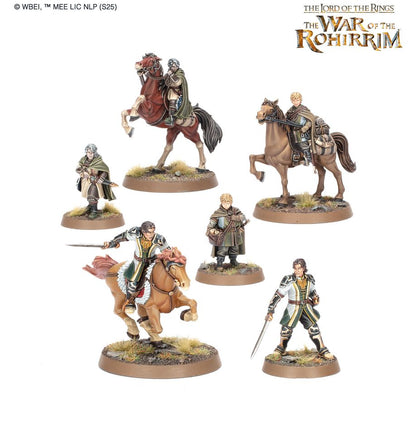 Miniature figures from 'The Lord of the Rings' series, featuring Rohirrim warriors on horseback.