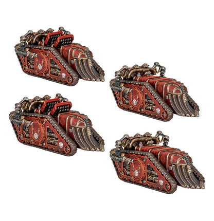 Four detailed warhammer model tanks on a white background